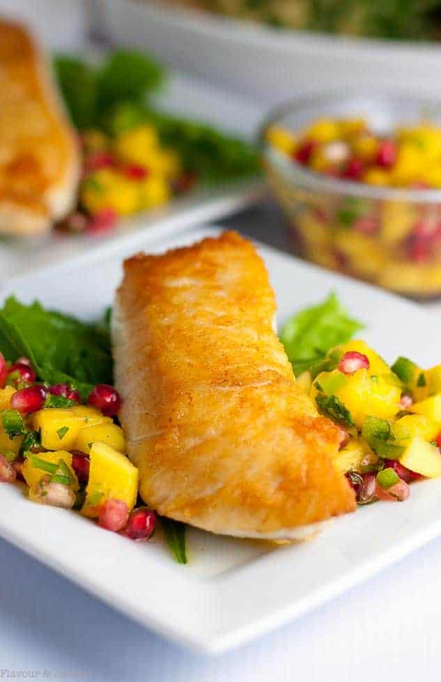 Crusted Halibut with Mango Pomegranate Salsa - Flavour and Savour