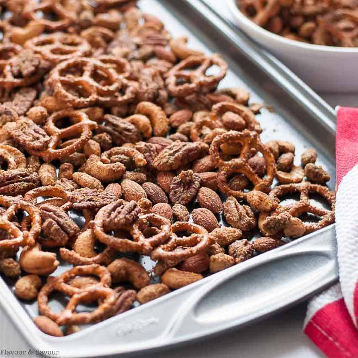 Sweet and Spicy Pretzel and Nut Snack Mix - Flavour and Savour