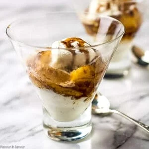 Bananas Flambé with ice cream in a dessert glass