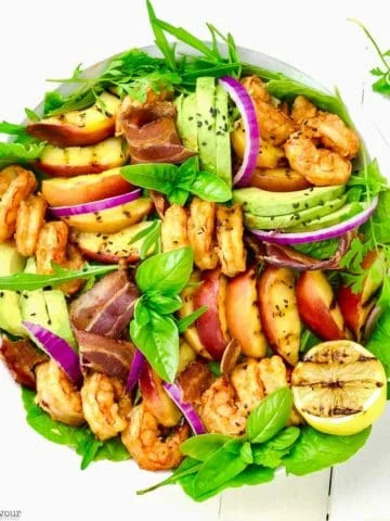 Avocado Grilled Peach and Chipotle Shrimp Salad overhead view