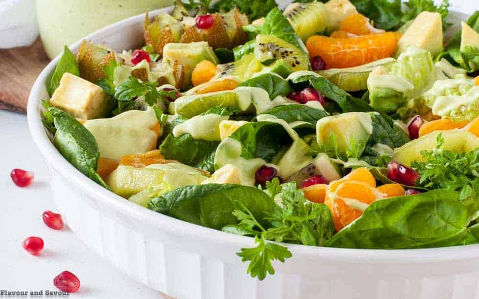 Kiwi Mandarin Spinach Salad with Creamy Avocado Dressing