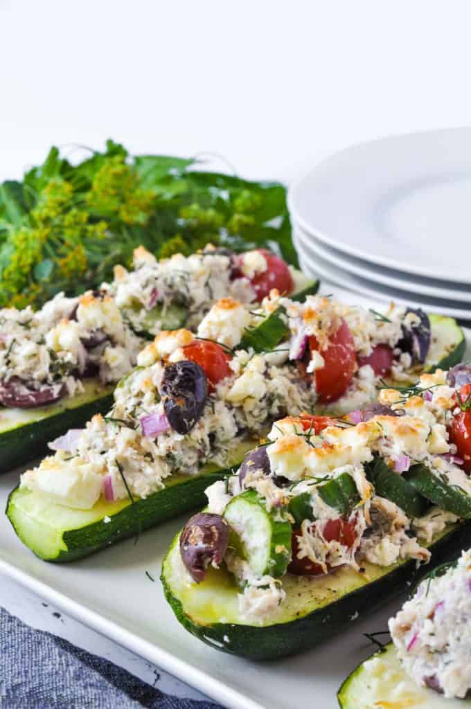 Greek Chicken Stuffed Zucchini Boats - Flavour and Savour