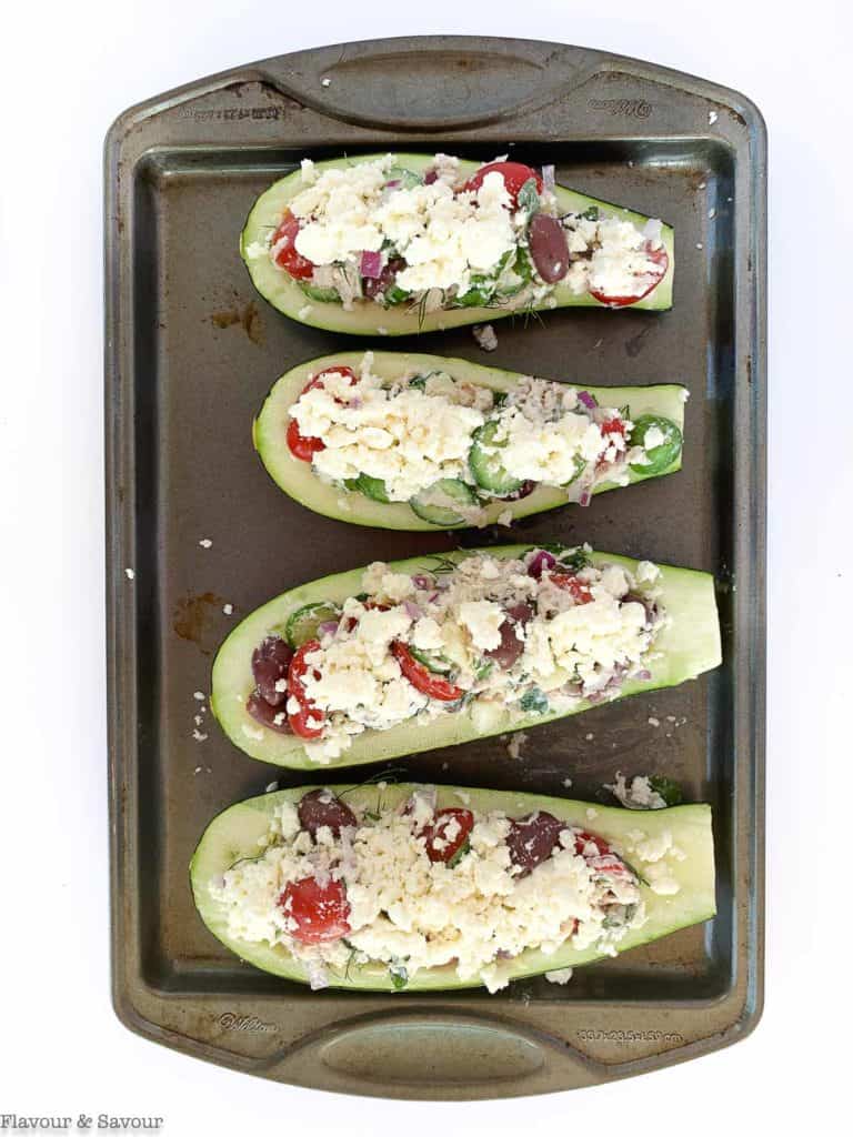 Greek Chicken Stuffed Zucchini Boats - Flavour And Savour