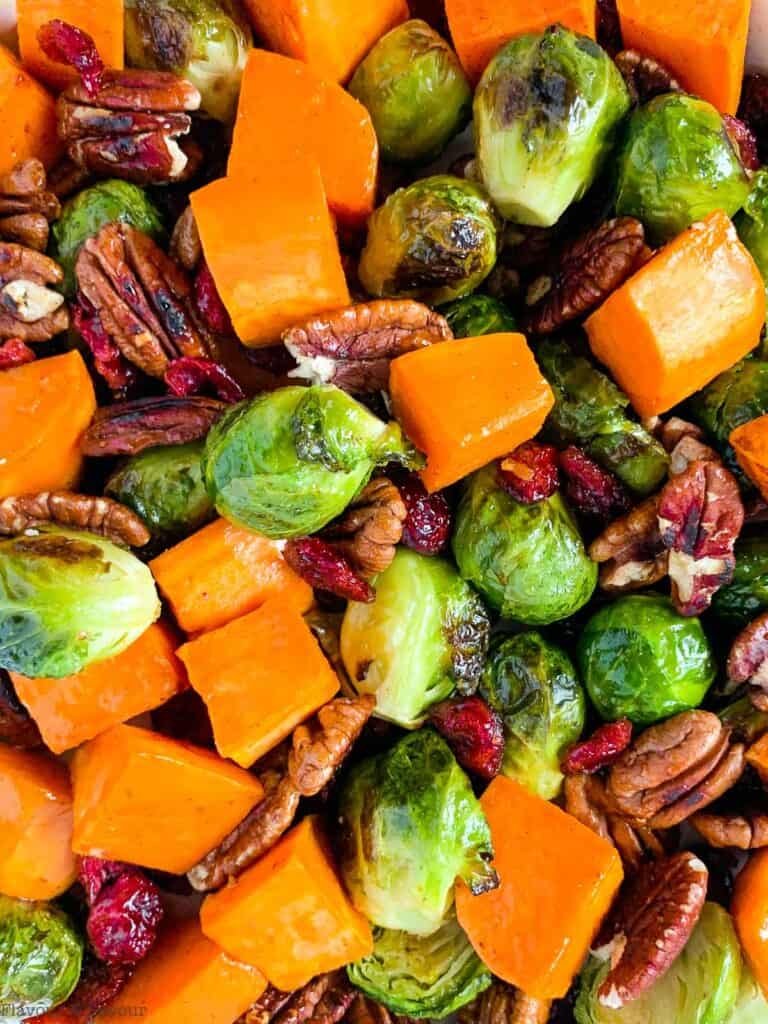 Roasted Brussels Sprouts with Maple Sweet Potatoes | Flavour and Savour