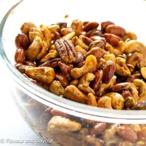 Espresso coffee glazed party nuts in a bowl.