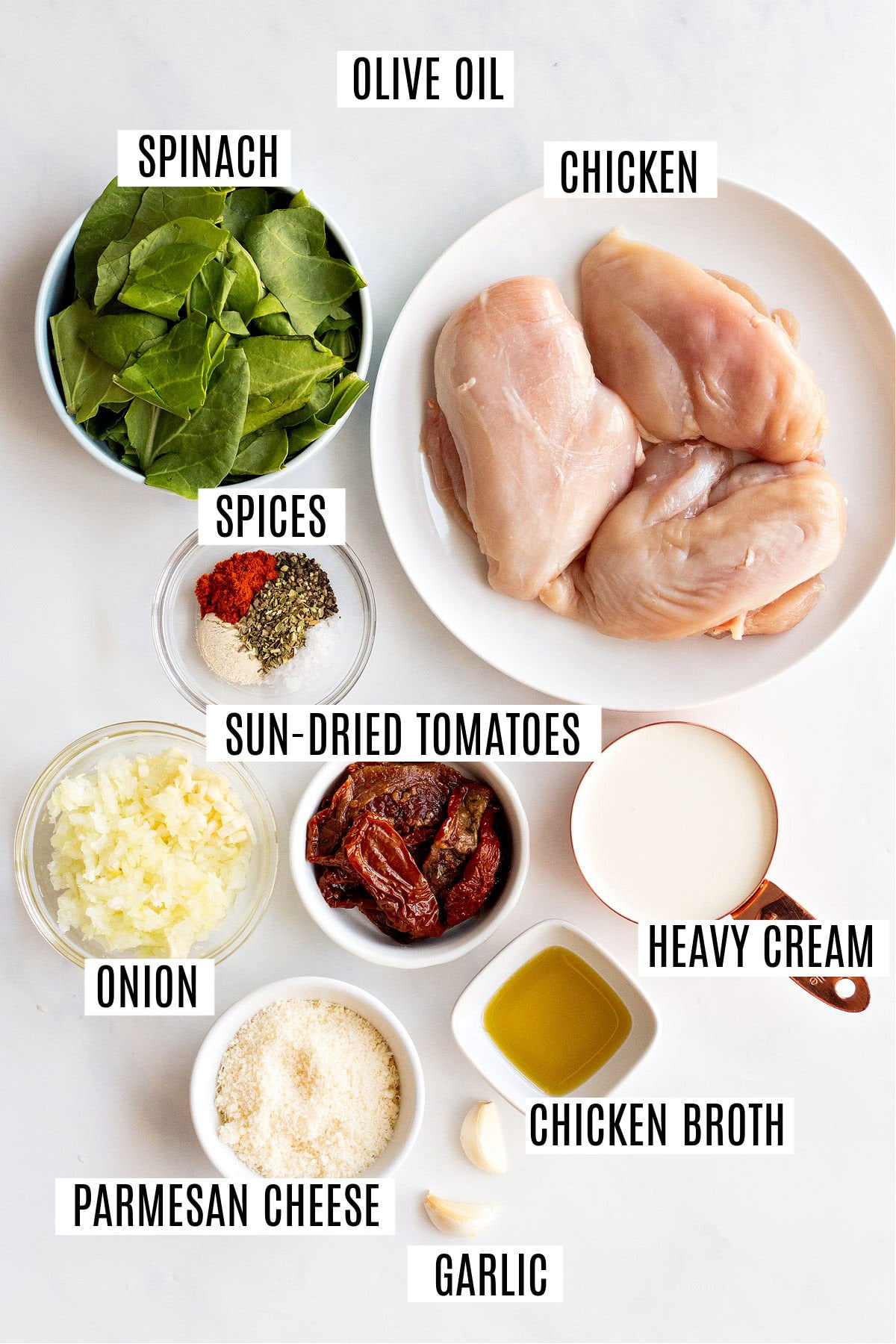 Ingredients needed for keto tuscan chicken skillet.